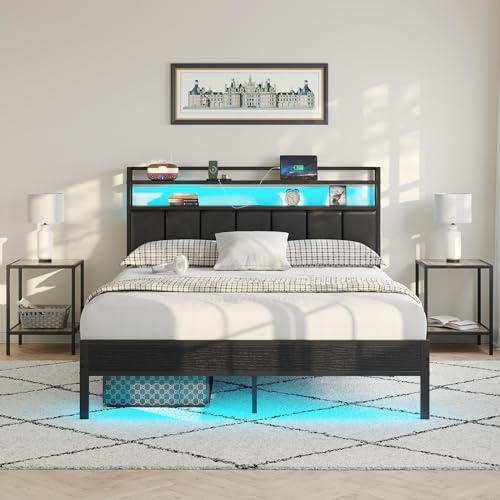 Image of Queen Size Bed Frame with Upholstered Headboard and 2-Tier Storage Shelves | Metal / Charging Station / LED Lights / Under Bed Storage / Non-slip / Noise Free / No Box Spring Needed / Black