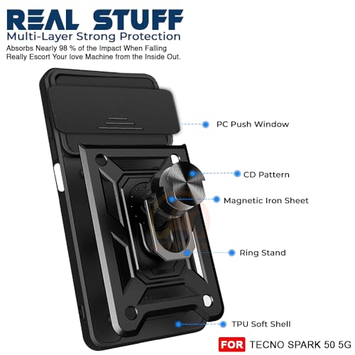 Image of Armor Bumper Back Cover Case for Tecno Spark 50 5G | Rotating Camera Cover, Ring Holder & Kickstand | Heavy Duty & 360 Degree Protection Back Cover (Black)