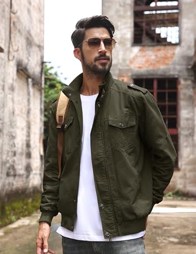 Image of TACVASEN Men's Lightweight Military Cotton Jacket Casual Windbreaker Coat | with zipper and hidden snap,stand collar,multi pockets,tactical m65 field cargo outerwear for winter & fall,utility windproof