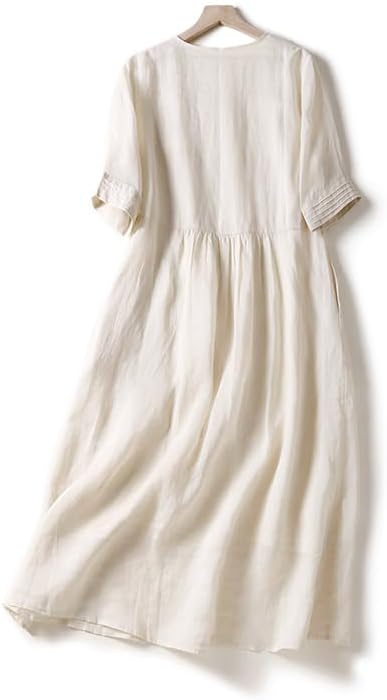 Akivide Women's Flowy Cotton Midi Dress V Neck Short Sleeve Summer Beach Vacation Casual Loose Long Dresses with Pockets - Image 2