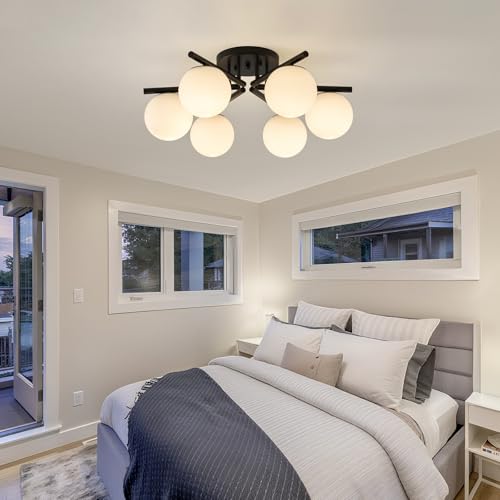 Image of 6-Light Sputnik Ceiling Light Fixture, Semi Flush Mount Ceiling Light with Milk Glass Globes, Black Mid Century Modern Chandelier for Living Room Bedroom Dining Room Hallway
