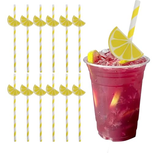 30 pitillos de papel amarillos para fiesta tema limón miniatura 1