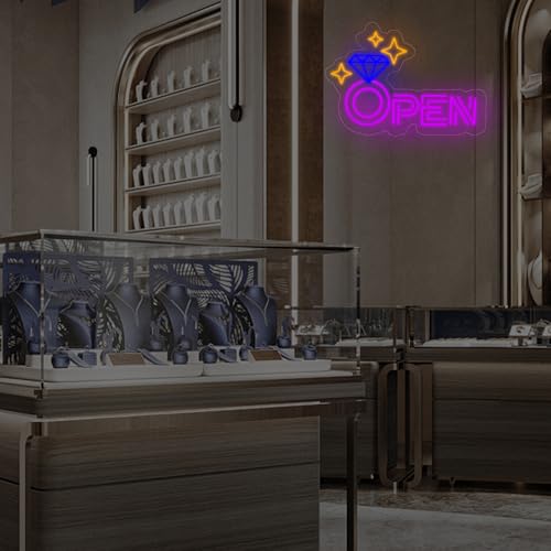 Image of Diamond Open Indoor Neon Sign For Jewelry Store Business Open LED Light | USB Powered Dimmable Diamond Storefront Wall Art Diamond & Sparkle Stars Wall Decoration, 16.5 inchx11 inch, Purple