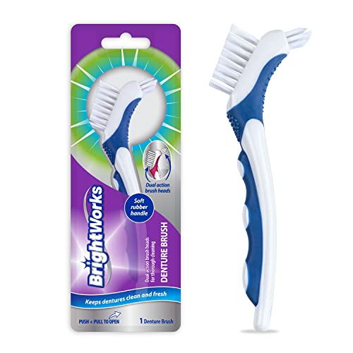 BrightWorks Denture Brush, Dual-Action, Blue, Manual, 3 Count (Pack of 3)