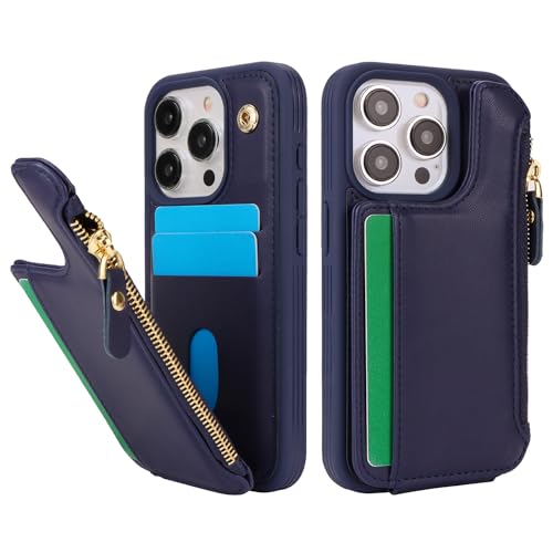 Image of Cavor for iPhone 13 Pro Case with Card Holder,for iPhone 13 Pro Wallet Case for Women Men,Leather Magnetic Clasp Zipper Pocket Protective Phone Cover-Blue