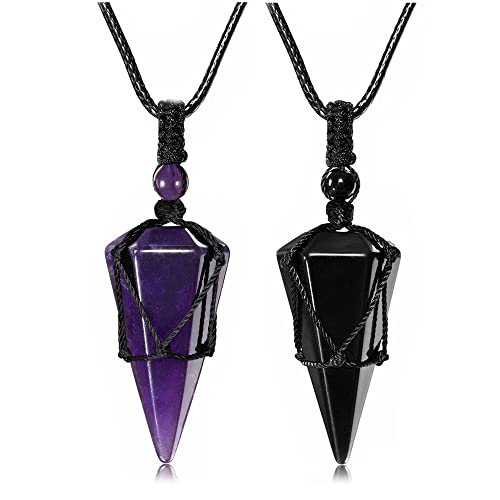 Top Plaza 2pcs Amethyst Black Obsidian Healing Crystal Stone Necklace for Women Men 6 Facet Pointed Pendant Necklaces Adjustable Natural Gemstone Necklace Reiki Quartz Jewelry Healing Gifts