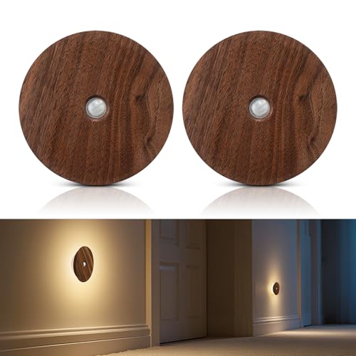 Image of Motion Sensor Night Light Wood Rechargeable Battery-Powered Stick-On Step Lights Magnetic Closet Warm Nightlight for Hallway Bedroom Stair (2 Pack Black Walnut)