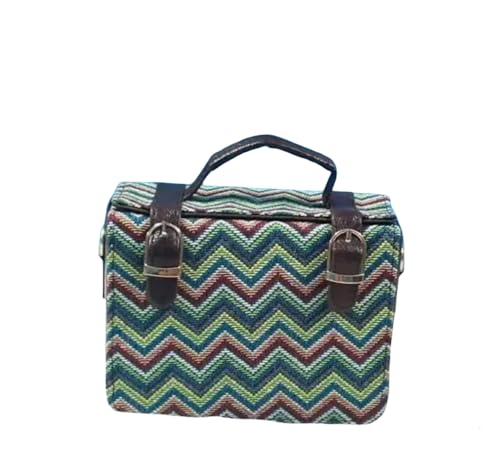 Sac en motif chevron géométrique bleu doté de finitions raffinées avec poignées en cuir