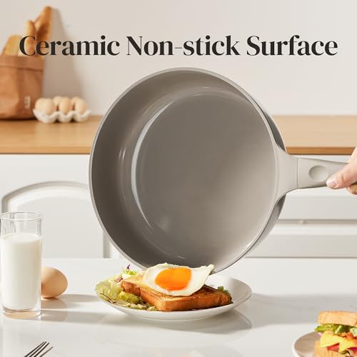 Image of Redchef Deep Ceramic Frying Pan with Lid, Nonstick Saute Pan Cookware All Cooktop Compatibility, Stay-Cool Handles, PFOA Free, Healthy Coating, Tempered Glass Cover, Even Heat, Grey (3.7Qt, 10 inch)