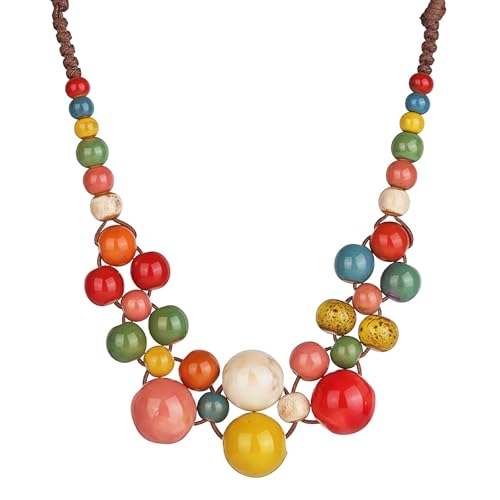 Vesavifaka Collier de Perles Céramique Vintage Hippie Bohème pour Femmes, Bijou Déclaratif à Perles Multicolores pour l'Été, l'Hiver, Thanksgiving et...