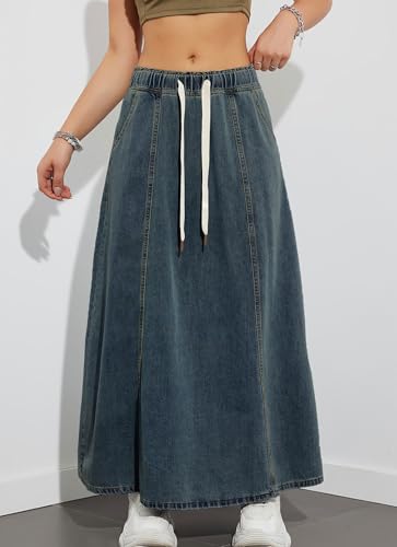 loveimgs Women Elastic High Waist Long Denim Skirt Jean Skirt Cargo Flare A Line Maxi Dress Western Skirt Pocket4