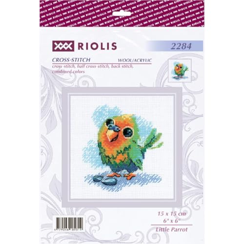 Image of RIOLIS - Little Parrot 2284, Animals Cross Stitch Kits 6 inchx6 inch, Cross Stitch Kits for Beginners & Advanced, Crossstitching Kit Adult, Embroidery Counted Stitching Kit