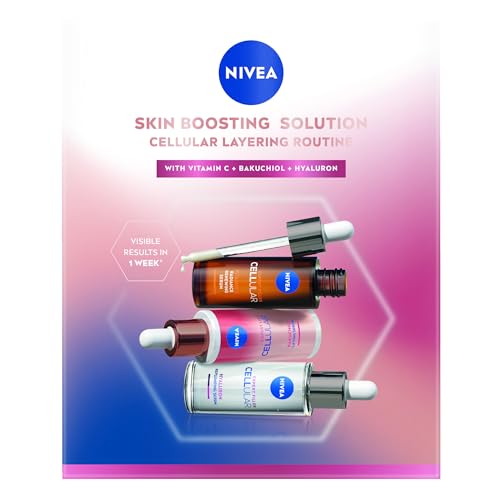 NIVEA Cellular Skin Boosting Solution Set de cuidado facial con suero de vitamina C, suero hialurónico y suero facial Bakuchiol, para un efecto lifting efectivo (3 x 30 ml)