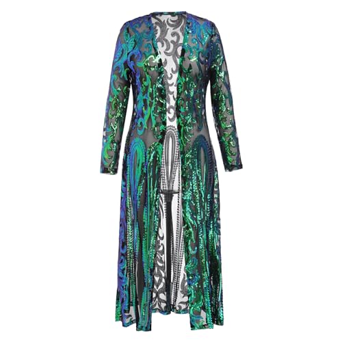 Image of Women's Fashion Duster Cardigan Sparkle Sequins Long Sleeve Open Front Coat Dress Party Prom Cover Up