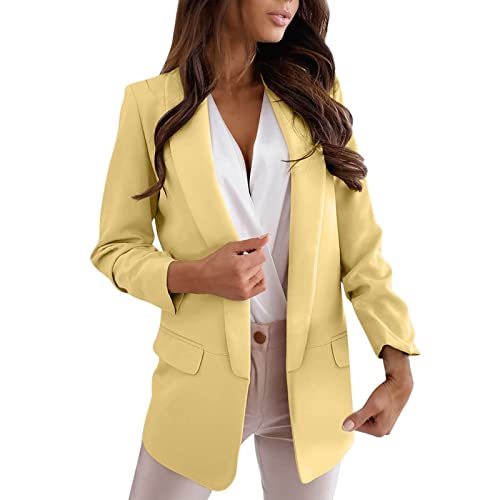 Générique Blazer Femme Chic Vestes de Tailleur Business Jacket Manche Longue Manteau Casual Slim Élégant Petite Costume Automne Printemps (Jaune, S)