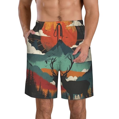 Men's Quick Dry Swim Shorts Deer Mountains Sunset Landscape Modern Art Geometric Beach Trunks with Pockets