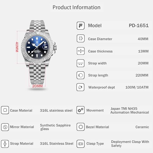 Men Watches Pagani Design Watch for Men Automatic NH35 Mechanical 100M Waterproof Stainless Steel Sapphire Glass Yacht Wristwatch PD-1651 - Image 3