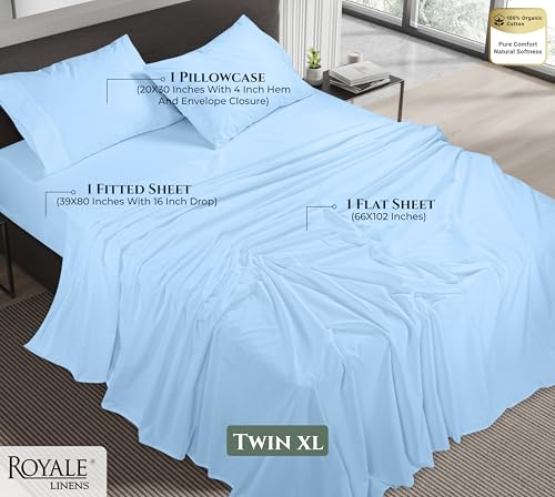 Image of Royale Linens 100% Organic Cotton Twin XL Sheet Set - 16 inch Deep Pocket Bed Sheets - Lake Blue Bed Sheets - Sabanas Twin XL - 1 Flat, 1 Fitted & 1 Pillowcases - Lake Blue Sheet Set - Cotton Bedding Sets