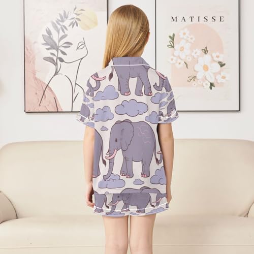 Satin Pajama Sets Short Sleeve Elephant Clouds Pattern Button Down Silky Nightwear 2 Piece PJS 5-14Y4