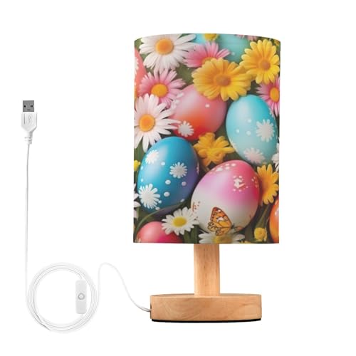 SDMKA Easter Pattern Bedside Table Lamp for Bedroom, Minimalist Nightstand Lamp with Round Fabric Shade for Living Room, Office, No Bulb Required