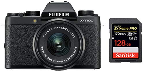 Image of Fujifilm X Series X-T100 24.2MP Mirrorless Camera (Black) with XC15-45mm Lens Kit + SanDisk 128GB Extreme Pro SDXC UHS-I Card - C10, U3, V30, 4K UHD, SD Card