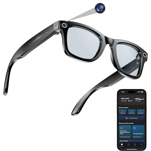 hellibito AI Smart Camera Glasses for Men Women, 4K Photography,1080P HD Video Recording,Real-Time Translation, Open-Ear Audio,Voice Assistant, Lightweight (Black Frame-Blue Light Blocking Lens)