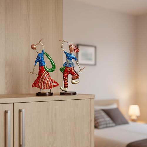 Image of CraftVatika Metal Gujrati Couple Dancing Showpiece for Home Decor, Gift Items, Multicolor, 13.3 x 6 x 4 Inches