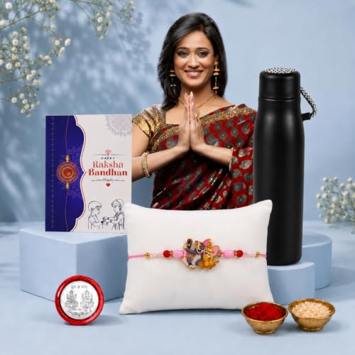 Image of DeoDap Rakhi with Bottle for Brother - Cute Cartoon Design Kids Style Rakhi for Brother with Water Bottle 550 Ml, Silver Color Coin, Greeting Card & Tiak Set - Raksha Bandhan Combo Set (K1 1049 13851)