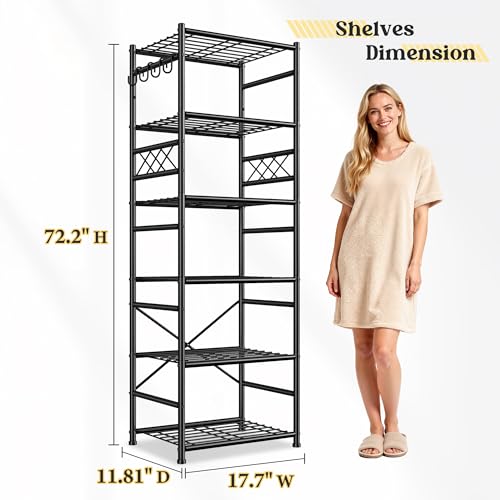 Image of DurayLoly Storage Shelves 6-Tier Metal Shelving Unit with Hooks,Heavy Duty Garage Shelving with Leveling Feet,High Standing Shelf Organizer for Kitchen Pantry Bathroom Dorm,17.7 inchWx11.8 inchD x72.2 inchH,Black