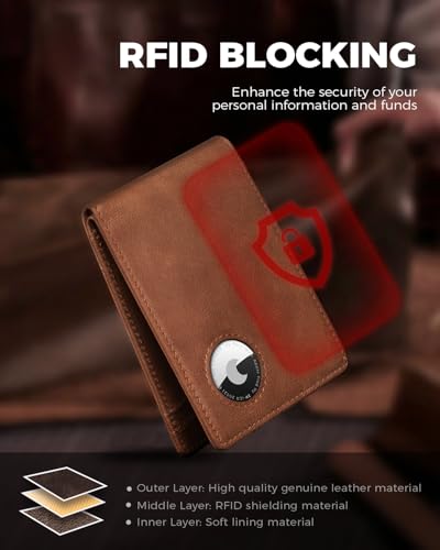 Image of LORZOR Mens Wallet with AirTag Holder, Bifold Full Grain Leather AirTag Wallet for Men, RFID Blocking, ID Window, Gift for Men, up to 12 Cards, AirTag Not Included