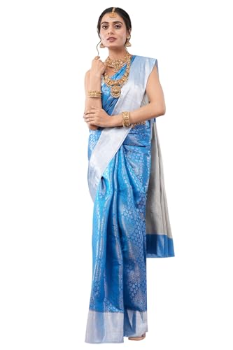 Image of Ambrarambh Cerulean Blue Silver Zari Woven Kanjivaram Silk Saree Brocade Pattern Traditional Ethnic Draping Wear