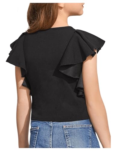 WDIRARA Girl's Ruffle Cap Sleeve Round Neck Cute Top T Shirt Solid Tee2