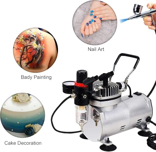 Image of Mini Air Compressor Portable for Airbrush Makeup, Canvas Painting 40-58psi Handheld Electric with 6ft hose pipe and airbrush holder-18B