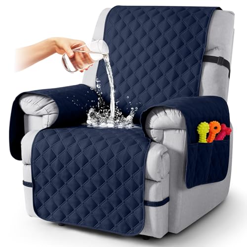 Image of TAOCOCO 100% Waterproof Recliner Covers, Recliner Sofa Covers with Leg Straps, Reversible Recliner Couch Cover for Reclining Chair, Washable Couch Protector for Pets Kids(1 Seater 22 inch, Dark Blue)