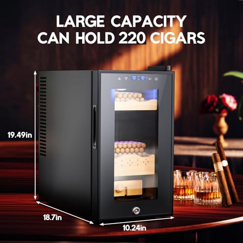 Image of Tylza Cigar Humidor Cabinet 25L, Temp & Humidity Control Electric Humidors for Cigars, 220 Cigars, Digital Hygrometer, Safety Lock, Cigar Humidors with Cedar Wood Drawer Shelves, Cigar Gifts for Men
