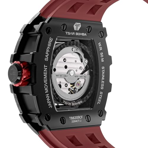 Image of Tsar Bomba Men's Tonneau Luxury Automatic Watch - Skeleton Dial, Carbon Fiber Bezel, Red Silicone Strap, 50M Water Resistant, Watch for Men - TB8209CF-32