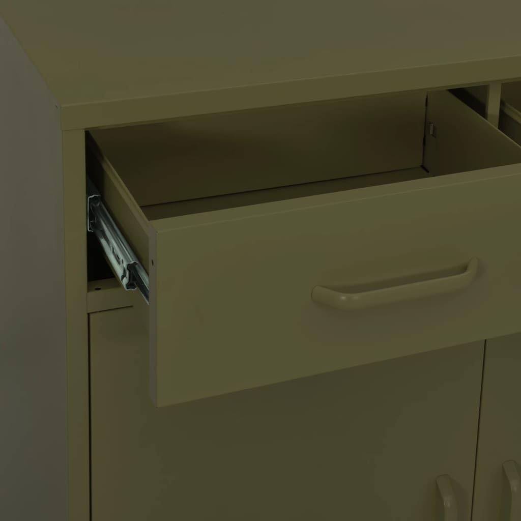 Oliwkowa metalowa szafka do przechowywania z 2 drzwiami, 2 wysuwanymi szufladami i regulowaną półką, 80 x 35 x 102 cm, szafka użytkowa do domowego biura i organizacji garażu