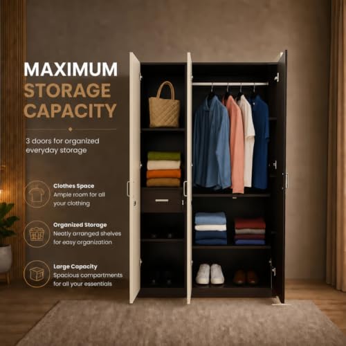 Image of GRATUS 3 Door Wardrobe - Compact Engineered Wood Cupboard Without Drawer for Clothes Storage, Modern Bedroom Organizer - 180 x 105.5 x 45 cm Wenga White