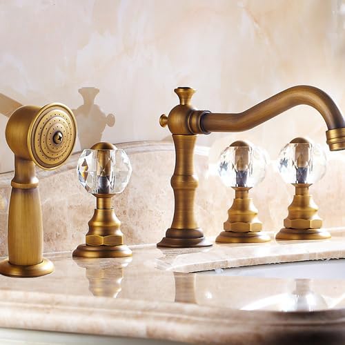 Basin Faucets Deck 5 Holes Antique Brass Bathtub Mixer Faucet Handheld Shower Widespread Bathroom Faucet Set Water Tap(Red)