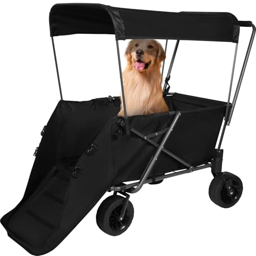 Stonehomy Heavy-Duty Foldable Dog Stroller Wagon with Extendable Rear & All-Terrain Wheels, Collapsible Utility Cart with Adjustable Canopy for Large Dogs, Pet, Shopping & Camping, 300Lbs, Black