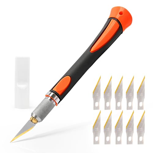 EHDIS Taglierino di Precisione con 10 Lame di Titanio, Bisturi Modellismo di Gomma Antiscivolo, Cutter di Precisione, per Lavoro Artistico Taglio, Scultura,Arancione
