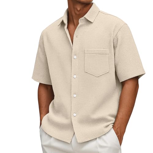 Mokaloha Mens Shirts, Men's Loose Casual Waffle Solid Color Button Short Sleeve Shirt4