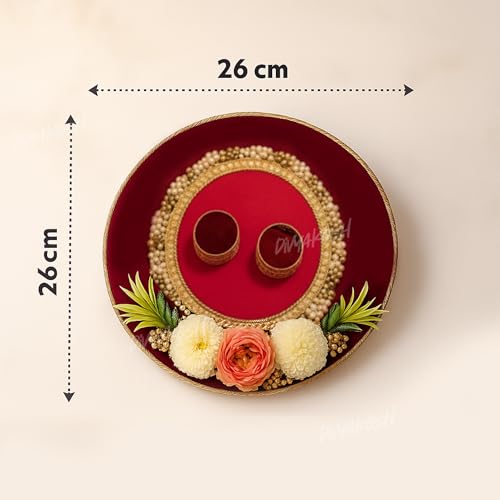 Image of Divyakosh Handcrafted Engagement Ring Platter Tray Holder with Artificial Flowers - 1 Pc | Round Engagement Thali for Wedding, Shaadi, Roka, Sagai, Bride & Groom | Ring Holder Tray (Red, 26 cm)