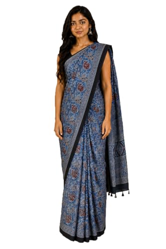 Image of Ethnics of Kutch Womenss Ajrakh Modal Silk Natural Dye Hand Block Print Saree with Blouse Piece - 5.5 Mtr Length