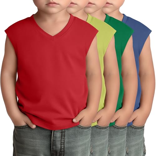 Image of Halfchet 4 Pack Toddler Boys Sleeveless Shirts | 4 Pack, Toddler Boys Sleeveless Shirts, Cotton Tank Tops, V Neck, Summer Basic Tees, Baby Boys 18M-5T