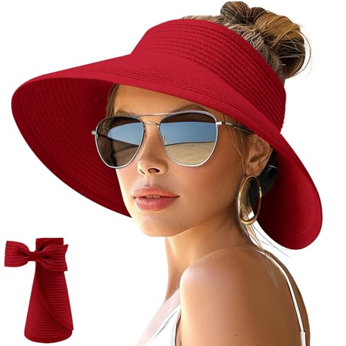 Image of NPJY Sun Hats for Women Wide Brim Roll-Up Beach Ponytail Hat Packable Foldable Travel Straw Visor