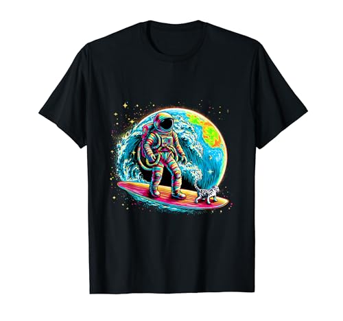 Cat And Astronaut Surfing The Outer Space, Space Surfing Camiseta