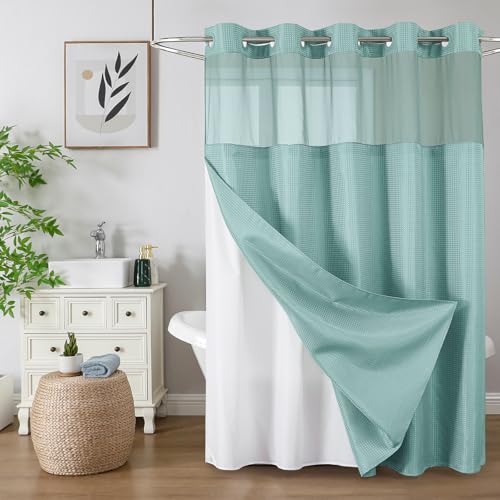 Colorful Star No Hook Shower Curtain with Snap in Fabric Liner Waffle Weave Heavy Duty Thick Shower Curtains with Mesh Top Window Hotel Style Waterproof Bathroom Curtain Set 72 x 75 Inch Teal