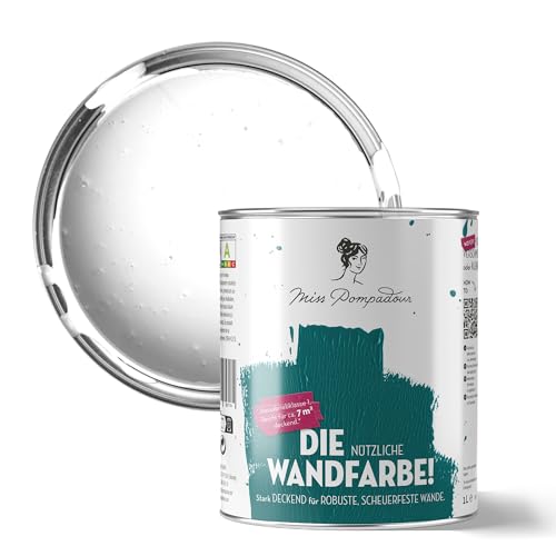 MissPompadour abwaschbare Wandfarbe Weiß mit Weiß 1L - hohe Deckkraft & Ergiebigkeit - matte, scheuerbeständige Innenfarbe - geruchsarm, wasserbasiert, atmungsaktiv - Die Nützliche