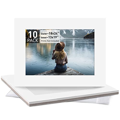 MBC MAT BOARD CENTER, Pack of 10-18x24 Pre-Cut 13x19 - White Mats - for Pictures, Photos, Framing - Kit Includes: 10 White Backboards and 10 Clear Bags - Acid Free, 4-ply Thickness, White Core